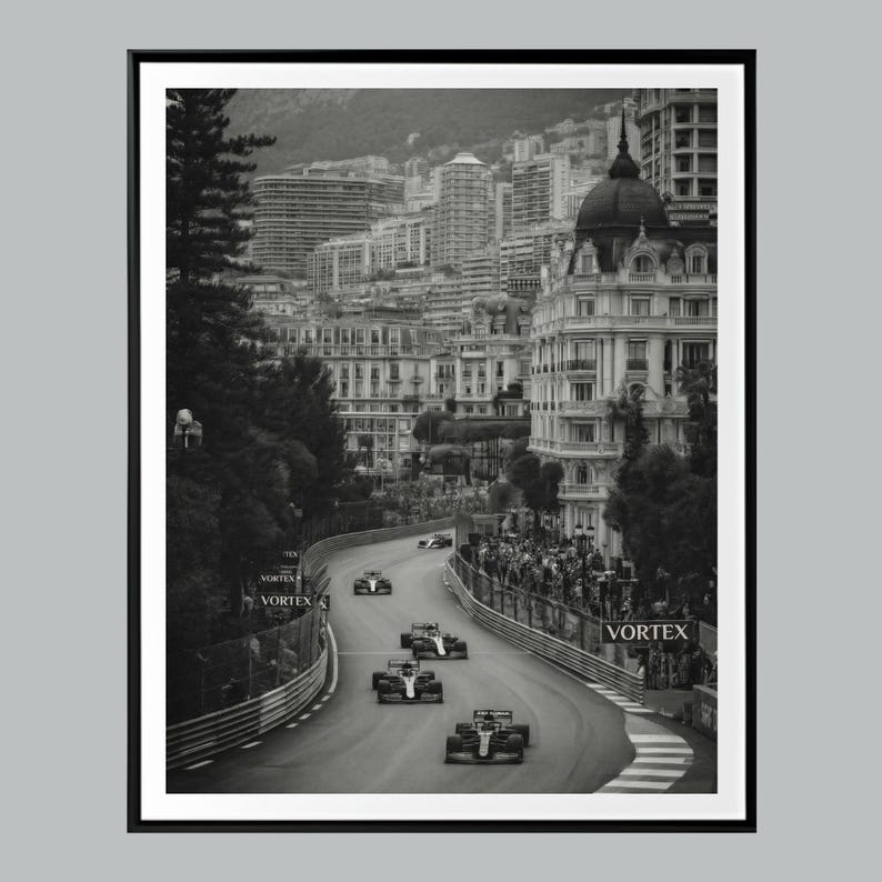 Monaco Street Racing Print, Black and White Monte Carlo Poster, Luxury Motorsport Wall Art, Old Money Aesthetic, Man Cave Decor image 1