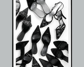 Black and White Vintage Heels Print, Retro Shoe Wall Art, Luxury Fashion Poster, Stockholm Style Decor, Trendy Dressing Room Art, Chic Heels