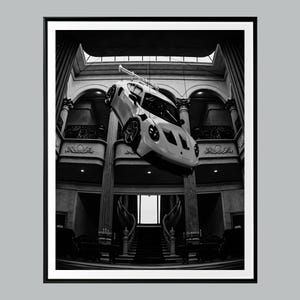 Retro esthetische vliegende auto poster, designer kunst, zwart-wit, luxe mode print, Hypebeast muurkunst, Hypebeast decor, retro auto print