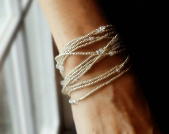 Icicle Crystal and Silver Long Seed Bead Stretch Bracelet, Necklace