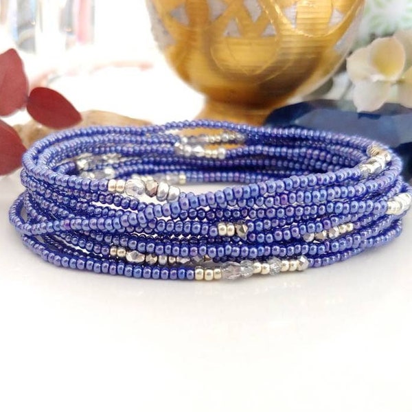 Iced Denim Beaded Bracelet Long Seed Bead Stretch Bracelet, Necklace