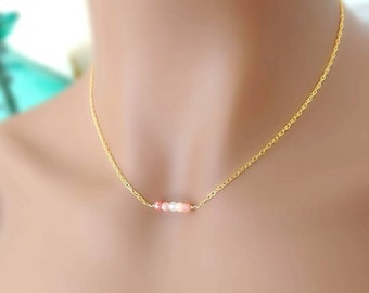Mystic Peach Moonstone Delicate Bar Necklace on 14K Gold Filled Chain