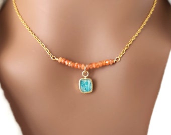 Aqua Sunstone Delicate Bar Necklace with Amazonite Pendant on 14K Gold Filled Chain