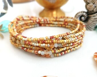 Pueblo Sand Seed Bead Bracelet with Genuine Sunstone, Labradorite and more -  on Stretch Cord