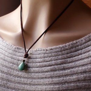 Turquoise Drop Leather Necklace - Adjustable Bead Sliding Closure. Vegan Leather