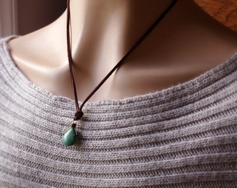 Turquoise Drop Leather Necklace - Adjustable Bead Sliding Closure. Vegan Leather