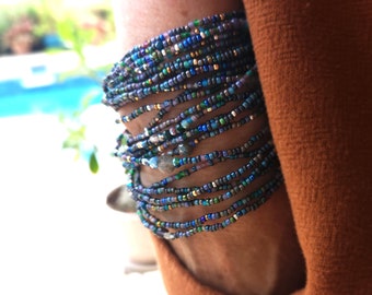 Stormy Seas Beaded Wrap Bracelet - Long Stretch Bracelet or Necklace with Seed Beads and Semi-Precious Stones