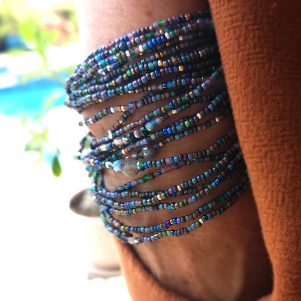 Stormy Seas Beaded Wrap Bracelet - Long Stretch Bracelet or Necklace with Seed Beads and Semi-Precious Stones