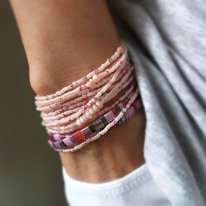 Pink Opal Long Seed Bead Stretch Bracelet, Necklace, October Birthstone Colors