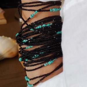 Ebony Turquoise Long Seed Bead Stretch Bracelet, Necklace