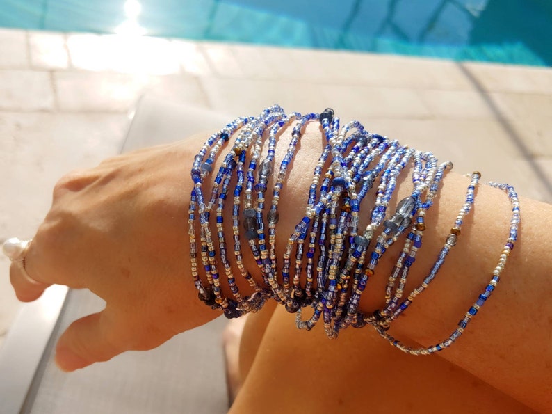 Sapphire Blues Beaded Wrap Bracelet Long Seed Bead Stretch Bracelet September Birthstone Colors image 4