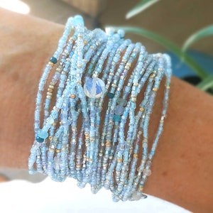 Polar Blue Topaz Long Seed Bead Wrap Bracelet with Sea Opal Wear as Necklace Bracelet or Anklet image 7