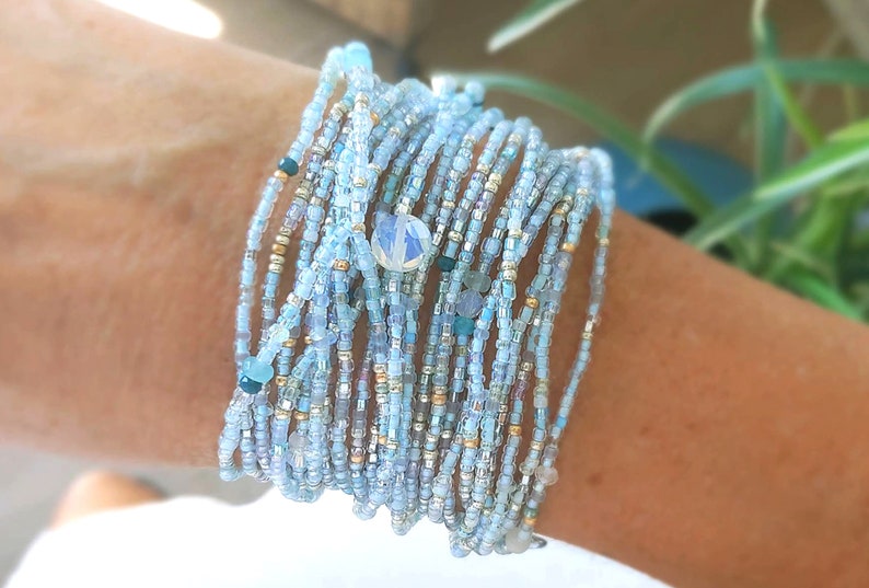 Polar Blue Topaz Long Seed Bead Wrap Bracelet with Sea Opal Wear as Necklace Bracelet or Anklet image 7