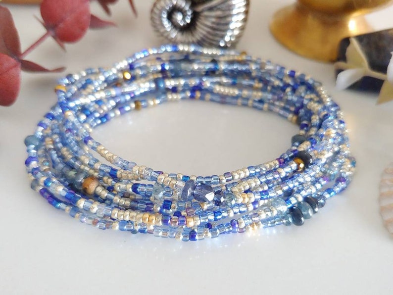 Sapphire Blues Beaded Wrap Bracelet Long Seed Bead Stretch Bracelet September Birthstone Colors image 7
