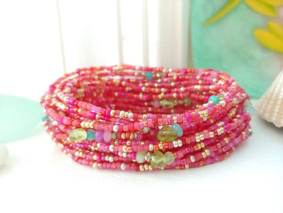 Bollywood Colorful Wrap Bracelet With Jade, Peridot, Crystal and Seed Beeds  