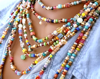 Nomad Extra Long Seed Bead Wrap Bracelet: Gemstone Layered Necklace