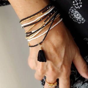 Tux Long Seed Bead Wrap Bracelet - Black, White and Gold