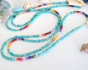 Turquoise and Gemstone  Long Beaded Bracelet Necklace with Amethyst, Iolite, Jasper, Jade, Peridot, Carnelian and More