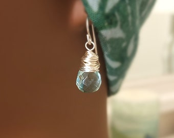 Faceted Aquamarine Quartz Glass Teardrop Hand Wire Wrapped Earrings