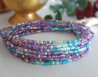 Amethyst and Aqua Long Seed Bead Wrap Bracelet or Necklace on Stretch Cord