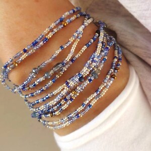 Sapphire Blues Beaded Wrap Bracelet Long Seed Bead Stretch Bracelet - September Birthstone Colors
