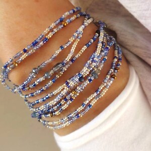 Sapphire Blues Beaded Wrap Bracelet Long Seed Bead Stretch Bracelet September Birthstone Colors image 2