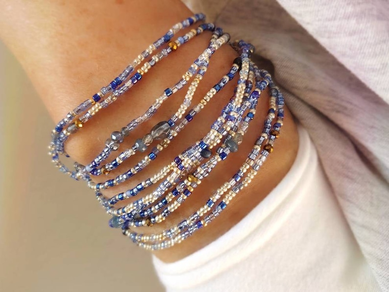 Sapphire Blues Beaded Wrap Bracelet Long Seed Bead Stretch Bracelet September Birthstone Colors image 2