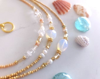 Citrine, Pearl, and Sea Opal Beaded Necklace with Gold Toggle
