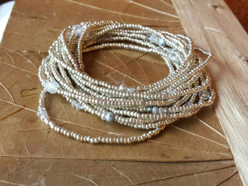 Icicle Crystal and Silver Long Seed Bead Stretch Bracelet Necklace
