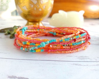 Coral Reef Long Seed Bead Wrap Bracelet on Stretch Cord