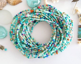 Turquoise, Sage, Cobalt Beaded Bracelet - Long Beaded Wrap Bracelet or Necklace