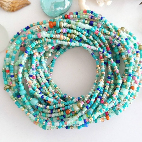 Pulsera de cuentas turquesa y salvia: collar largo de cuentas de semillas de varias vueltas