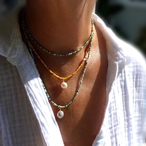 Beach Pearl Choker Necklaces - Freshwater Pearl and colorful seed beads - Choose your Color and length