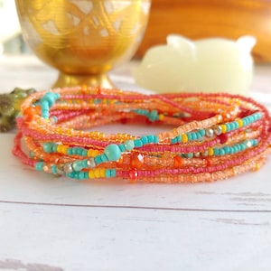 Coral Reef Long Seed Bead Wrap Bracelet on Stretch Cord