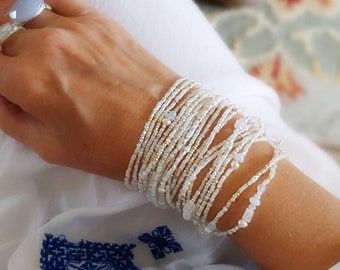 Venus Pearl, Moonstone and Crystal Extra Long Seed Bead Wrap Bracelet  - Wear as Necklace Bracelet and More