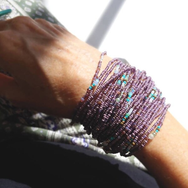 Wood Violet and Turquoise Long Seed Bead Wrap Bracelet or Necklace