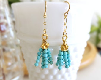 Turquoise Tassel Hand Wire Wrapped Earrings on 14K Gold Filled Ear Wires