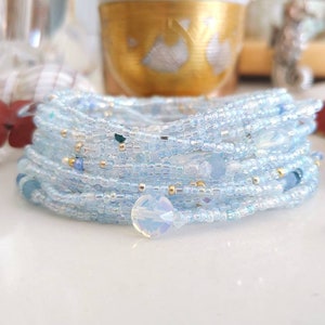 Polar Blue Topaz Long Seed Bead Wrap Bracelet with Sea Opal Wear as Necklace Bracelet or Anklet image 5