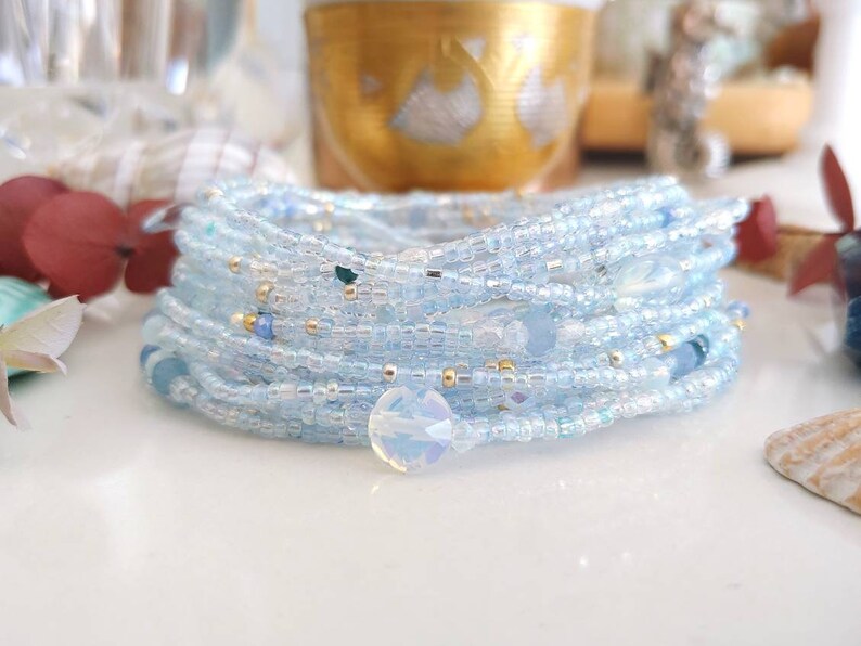 Polar Blue Topaz Long Seed Bead Wrap Bracelet with Sea Opal Wear as Necklace Bracelet or Anklet image 5