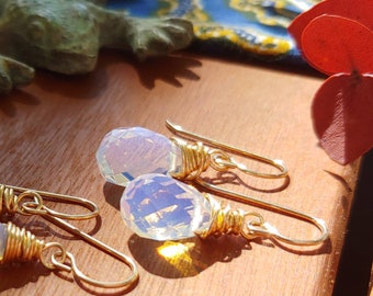Sea Opal Glass, Opaline Glass Briolette Drops Wire Wrapped Earrings