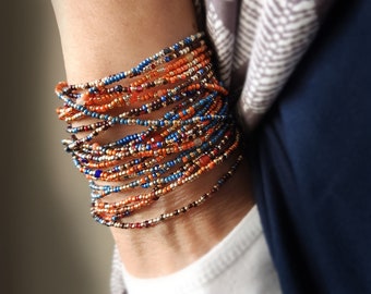 Morocco Long Seed Bead Wrap Bracelet with Semi Precious Stones on Stretch Cord