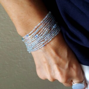 Polar Blue Topaz Long Seed Bead Wrap Bracelet with Sea Opal Wear as Necklace Bracelet or Anklet image 3