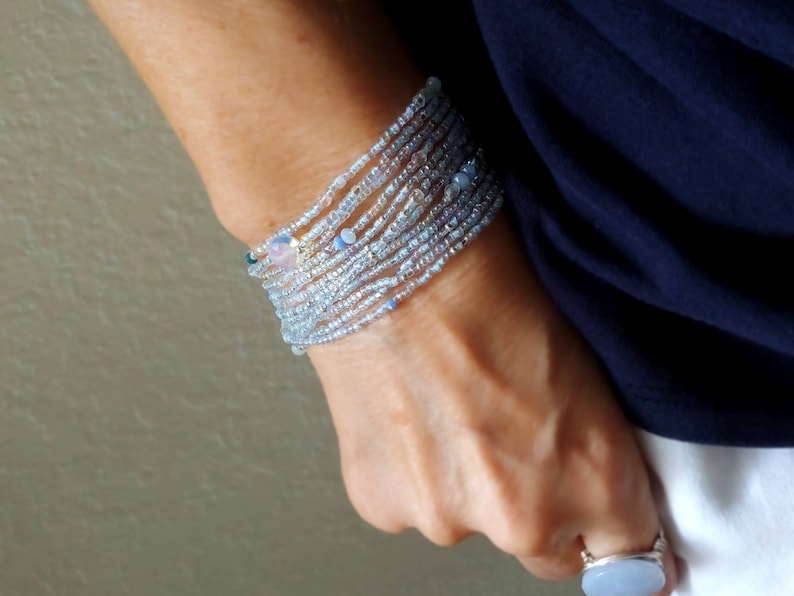 Polar Blue Topaz Long Seed Bead Wrap Bracelet with Sea Opal Wear as Necklace Bracelet or Anklet image 3