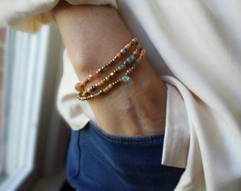 Almondine Wrap Bracelet with Sunstone, Labradorite, Jasper and Jade - Three Wraps