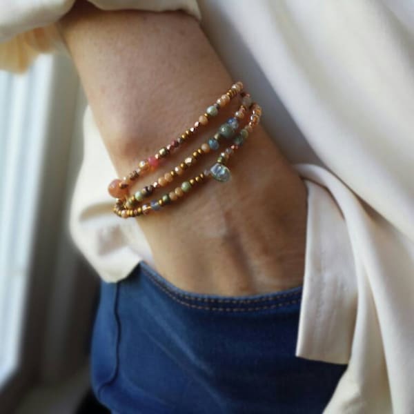 Almondine Wrap Bracelet with Sunstone, Labradorite, Jasper and Jade - Three Wraps Stretch Cord