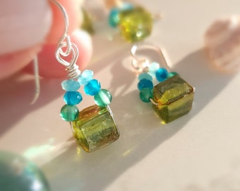 Vintage Lustrous Olivine Indian Glass Cube Earrings with Jade and Green Onyx on Sterling of 14K Gold Filled Ear Wires