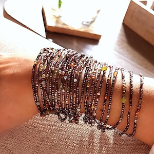 Bronze Peridot Long Seed Bead Wrap Bracelet, Necklace with Genuine Stones on Stretch Cord