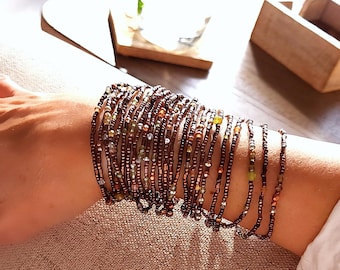 Bronze Peridot Long Seed Bead Wrap Bracelet, Necklace with Genuine Stones on Stretch Cord