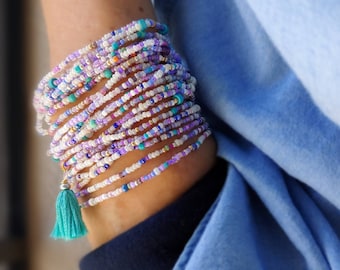 Lilac Cream Seed Bead Wrap Bracelet on Stretch Cord - Tassel Optional