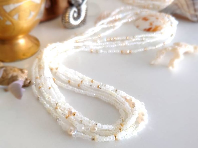Venus Pearl, Moonstone and Crystal Extra Long Seed Bead Wrap Bracelet Wear as Necklace Bracelet and More image 2
